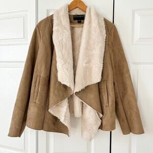 Bernardo Faux Shearling Draped Jacket Womens 1X Tan Open Front Coat EUC